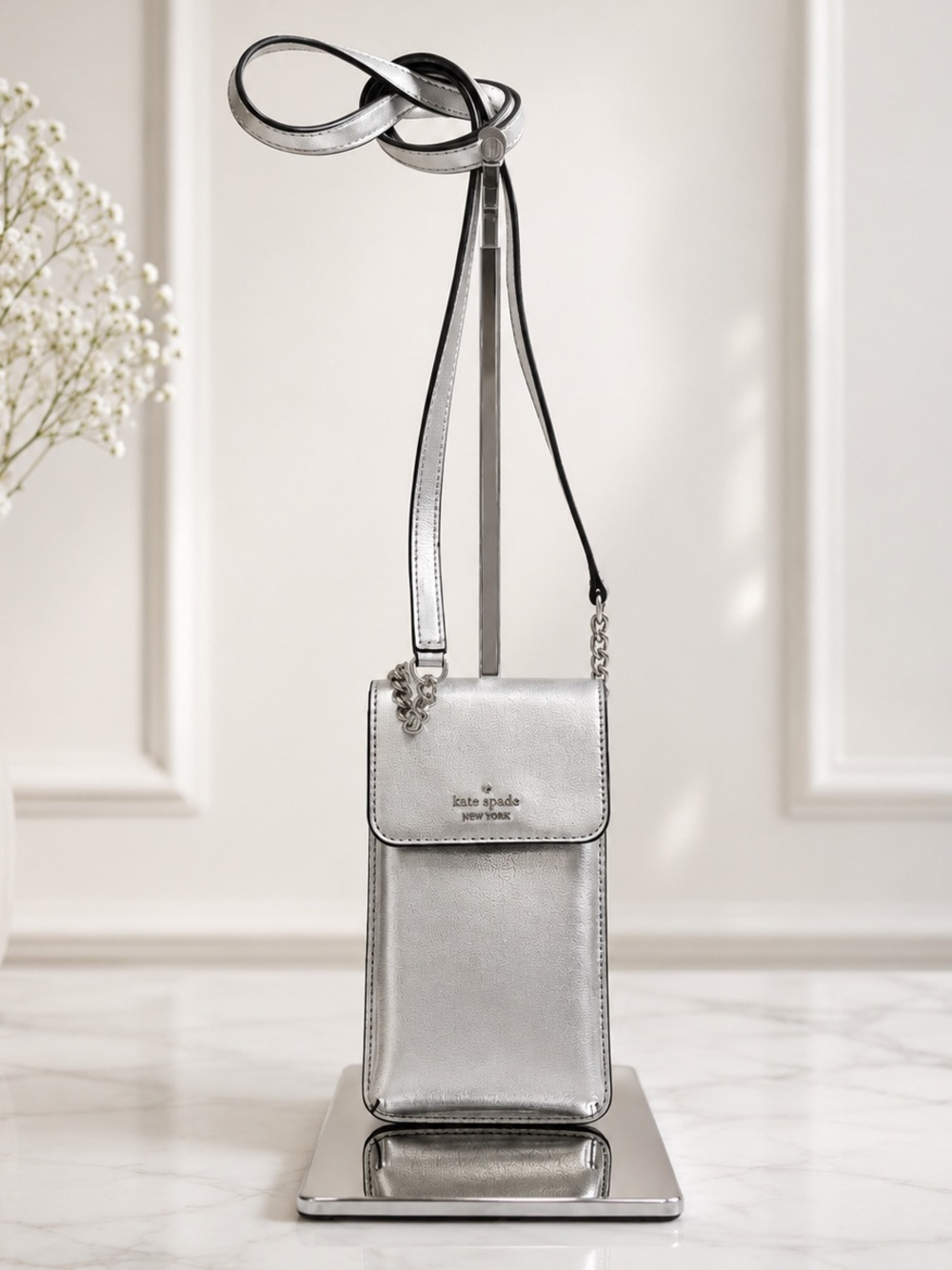 NWT Kate Spade Patterson Drive North South Phone Crossbody Bag – Metallic Silver